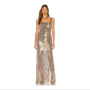 Bronx and Banco Cheri Gold Sequin Maxi Evening Gown Fringe Skirt